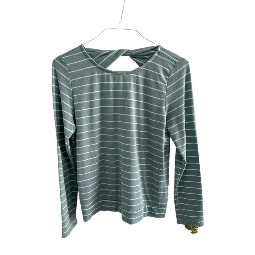 Pink Clover Shirt Womens M Twist Back Green & White Striped Long Sleeve top‎